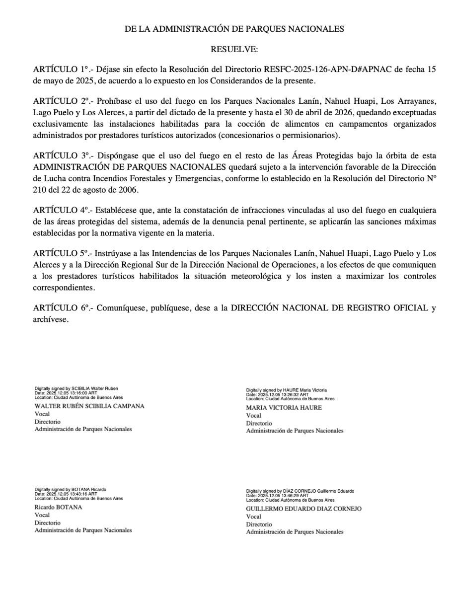 Parques Nacionales prohibió el uso del fuego hasta abril de 2026 en las áreas protegidas de la Patagonia