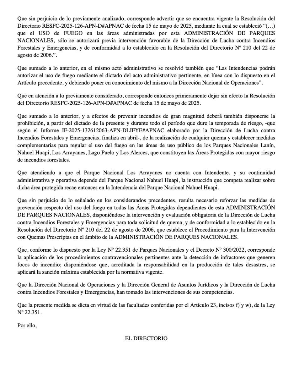 Parques Nacionales prohibió el uso del fuego hasta abril de 2026 en las áreas protegidas de la Patagonia