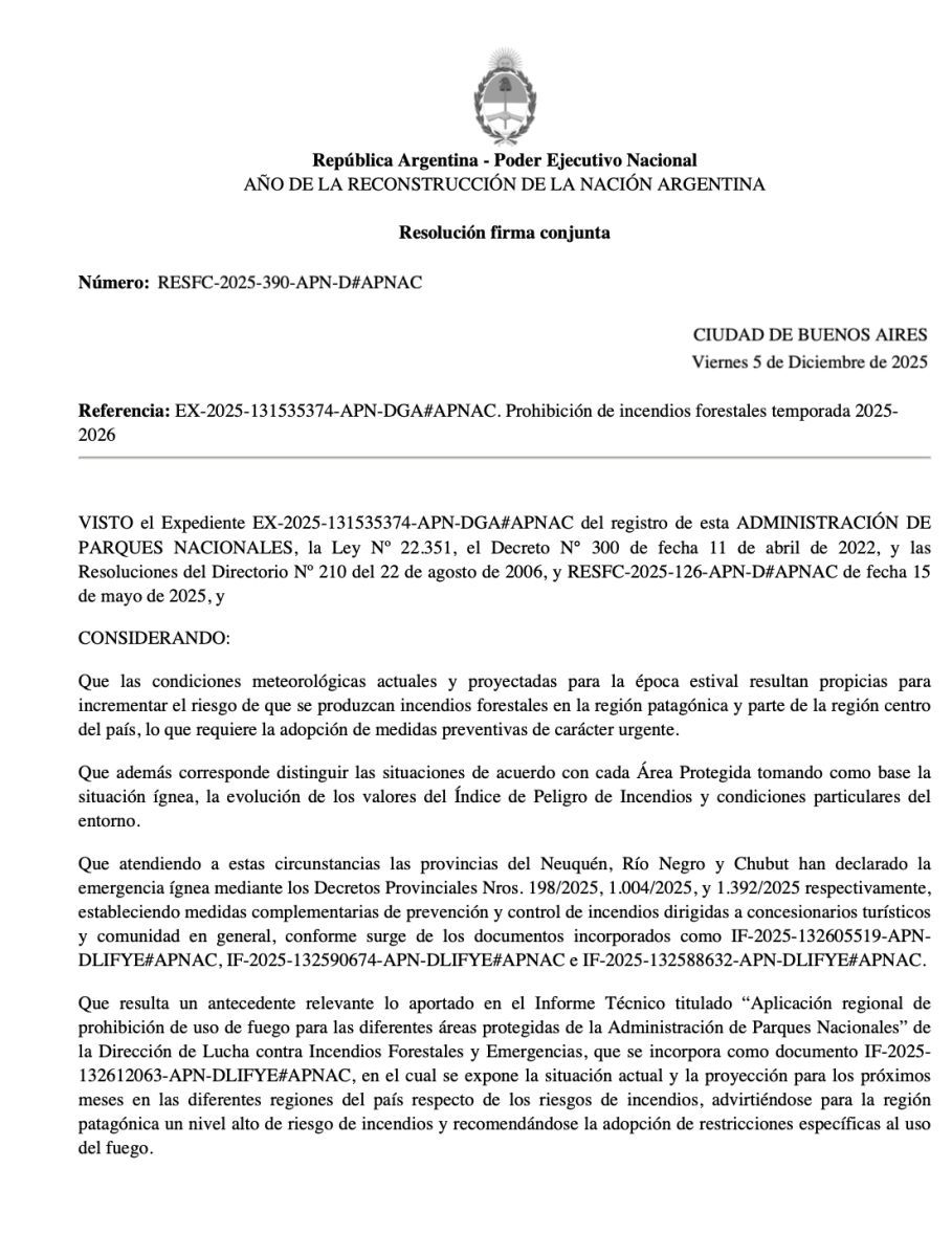 Parques Nacionales prohibió el uso del fuego hasta abril de 2026 en las áreas protegidas de la Patagonia