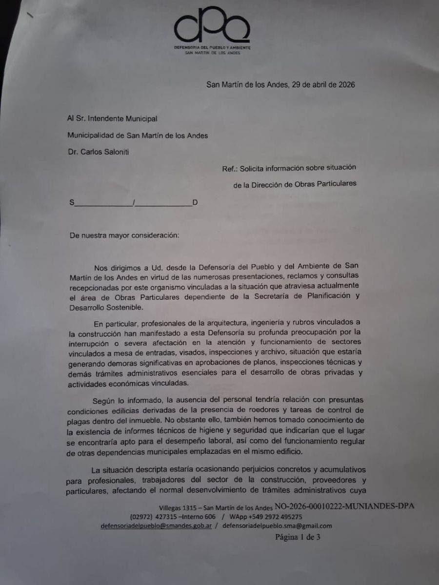 La Defensoría del Pueblo pidió informes al municipio por la situación en Obras Particulares