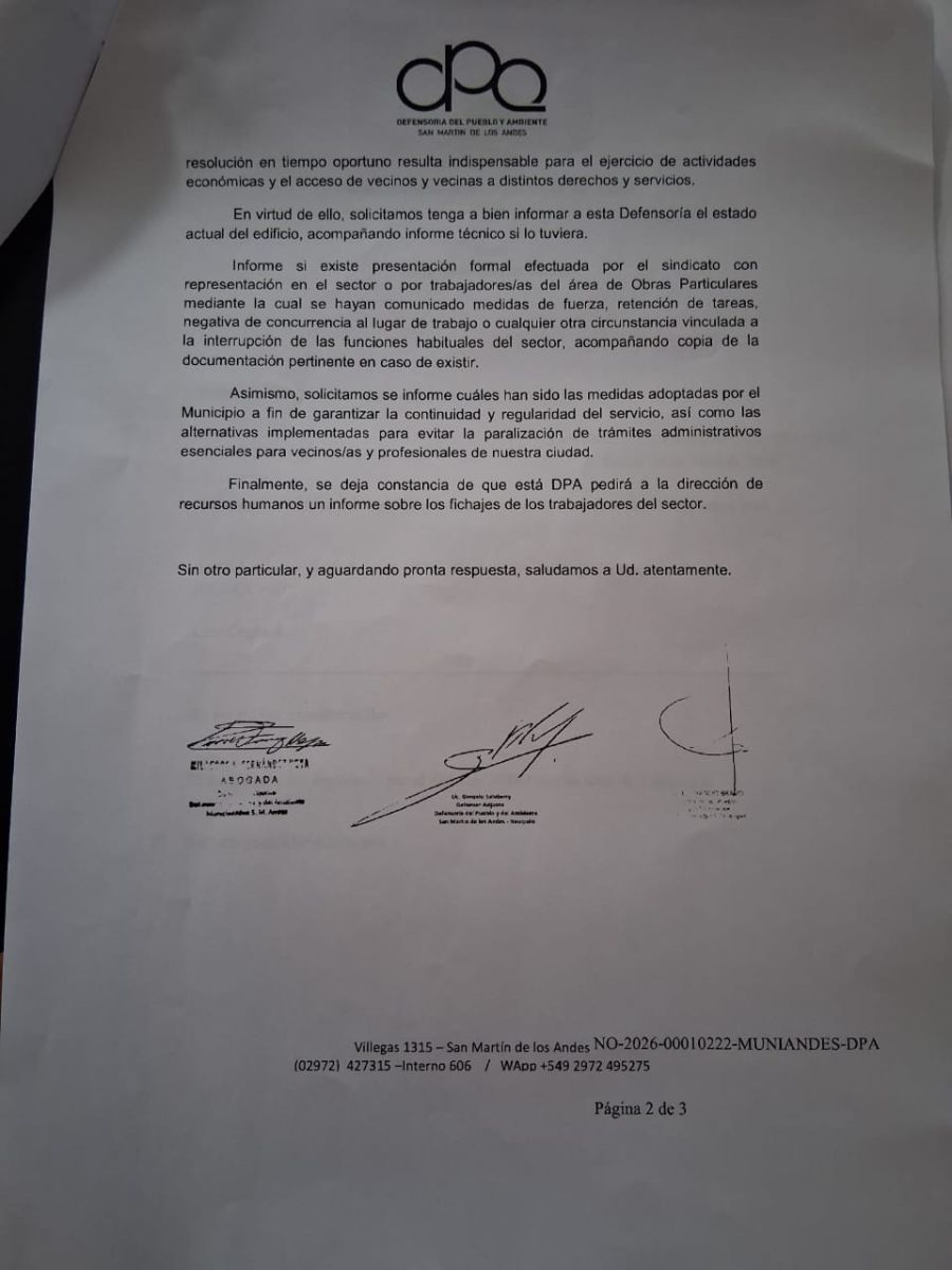La Defensoría del Pueblo pidió informes al municipio por la situación en Obras Particulares